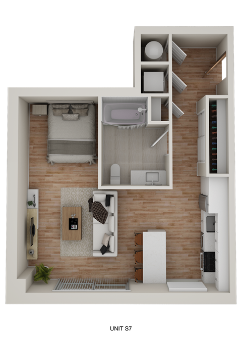 Floor plan for studio, 1 bath, 605 sqft